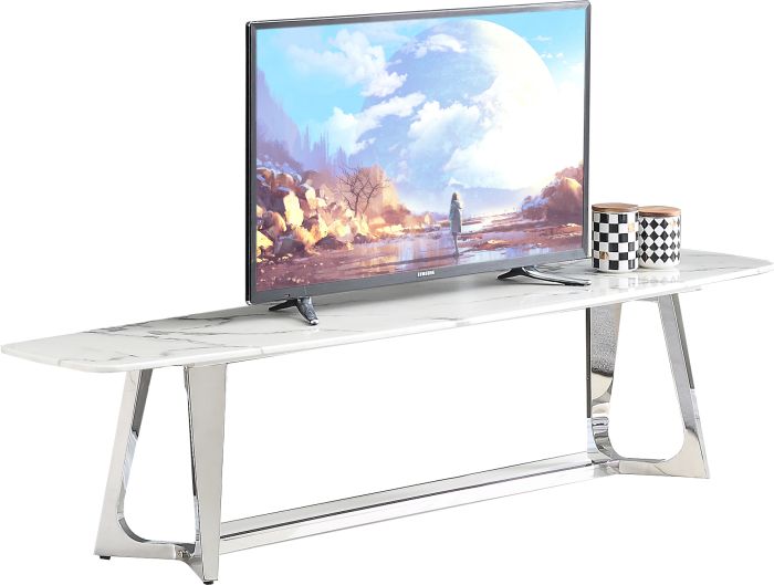 Meuble Tv design plateau en marbre artificiel blanc avec piètement en acier inoxydable poli argenté collection Veneta L. 180 x P. 42 x H. 45 cm
