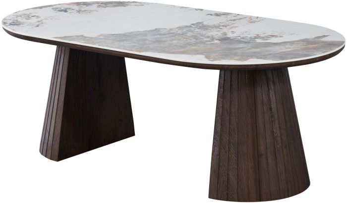 Table basse ovale design plateau en céramique travertin et pieds en MDF effet noyer L.130 x P.70 x H.45 cm collection MAYFAIR