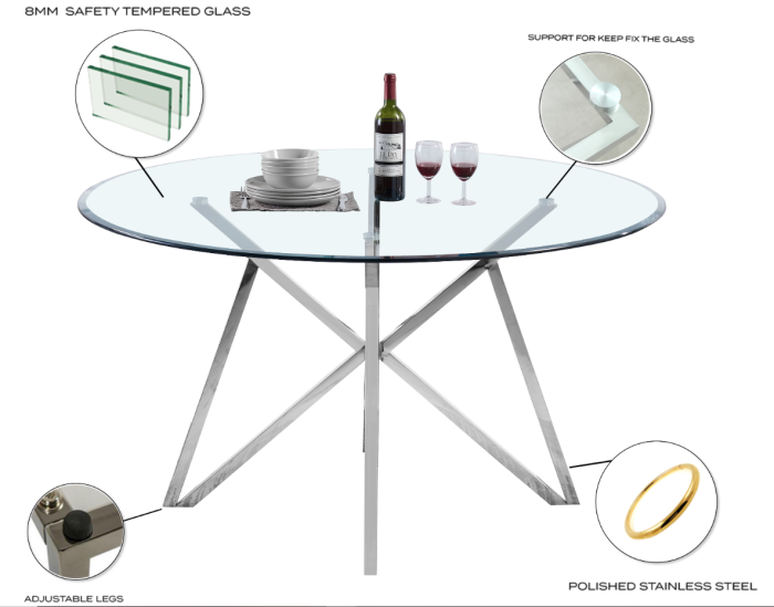 Table de salle à manger ronde design piètement en acier inoxydable poli argenté et plateau en verre trempé transparent L. 140 x P. 140 x H. 76 cm collection LORENA