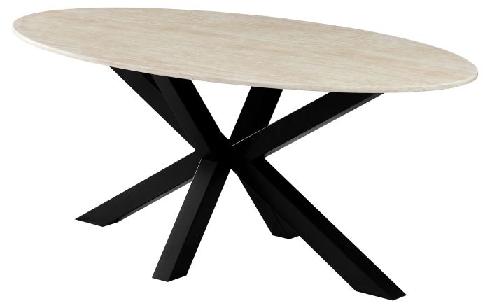 Table de salle à manger ovale design plateau en Marbre artificiel et pieds en acier coloris beige et noir L.200 x P.100 x H.76 cm collection MARJA