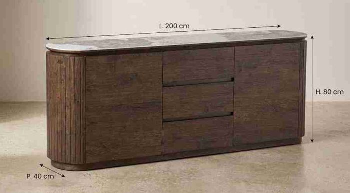 Buffet design en bois MDF coloris noyer avec plateau en céramique L. 200 x P. 40 x H. 80 cm collection MAYFAIR