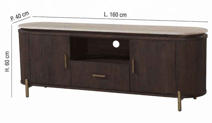 Meuble tv design en MDF coloris noyer avec plateau en céramique L.160 x P.40 x H.60 cm collection SOHO
