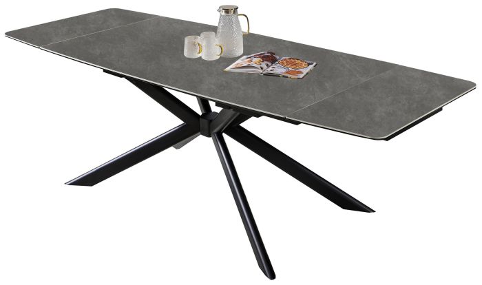 Table de salle à manger extensible design plateau en marbre artificiel gris et pieds en acier coloris Noir L.160-240 x P.90 x H.75 cm collection ALESHA
