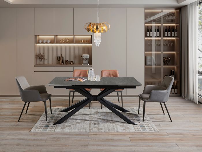 Table de salle à manger extensible design plateau en marbre artificiel gris et pieds en acier coloris Noir L.160-240 x P.90 x H.75 cm collection ALESHA