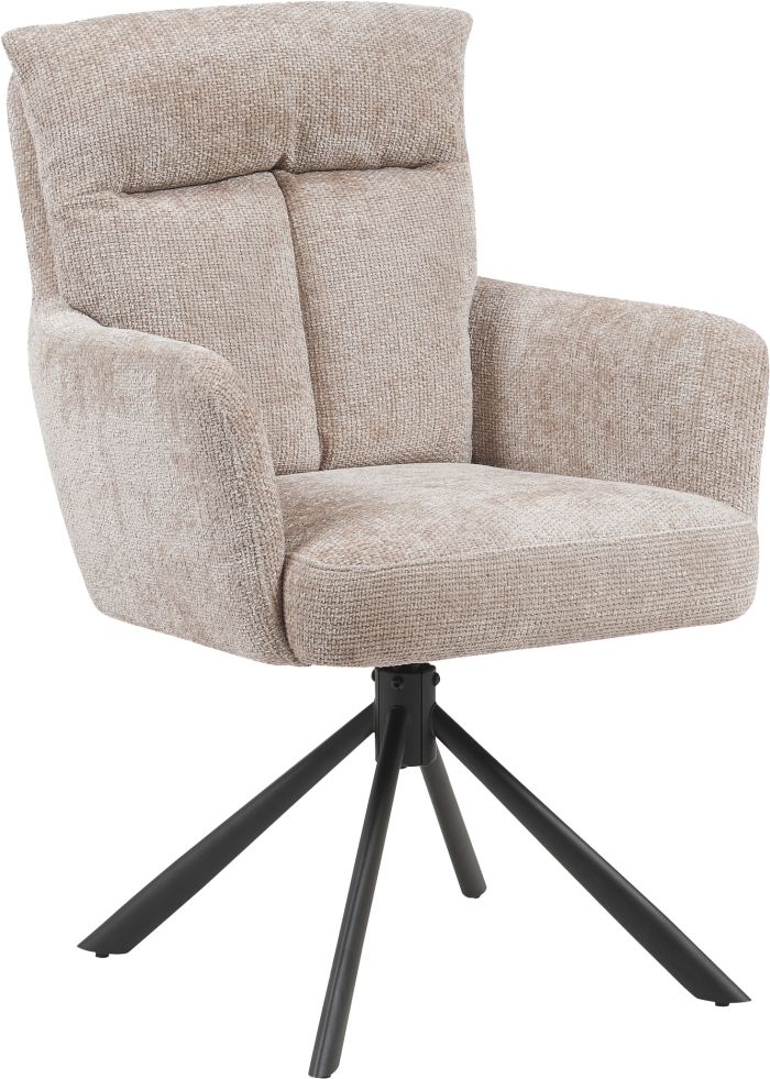 Chaise de salle à manger design rotatives à 360° revêtement en tissu taupe avec piétement en acier noir avec des ressorts ensachés L.61 x P. 61 x H.92 cm collection CUBA