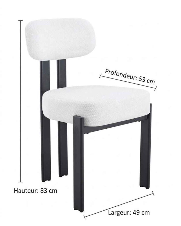 Chaise de salle à manger design revêtement en tissu blanc et pieds en acier noir L.49 x P.53 x H.83 cm collection AMBER