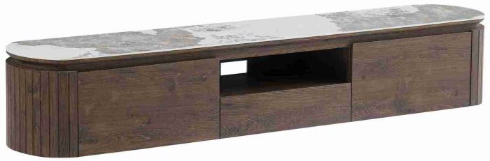Meuble tv design en MDF coloris noyer avec plateau en céramique L.200 x P.40 x H.35 cm collection MAYFAIR