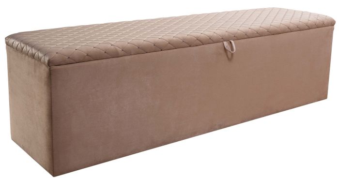 Banc bout de lit coffre avec rangement coloris beige design en velours L. 170 x P. 41 x H. 45 cm collection PARIS