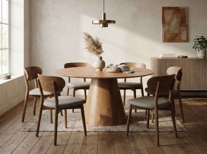 Table de salle à manger ronde design en MDF coloris chêne D.120 x H.76 cm collection MARAIS