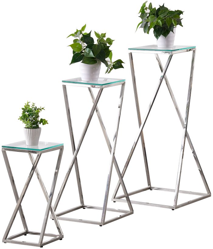 Ensemble de 3 tables d'appoints design en acier inoxydable argenté avec plateau en verre trempé transparent Collection Pisa L. 45-35-24 x P. 45-35-24 x H. 94-79-51 cm