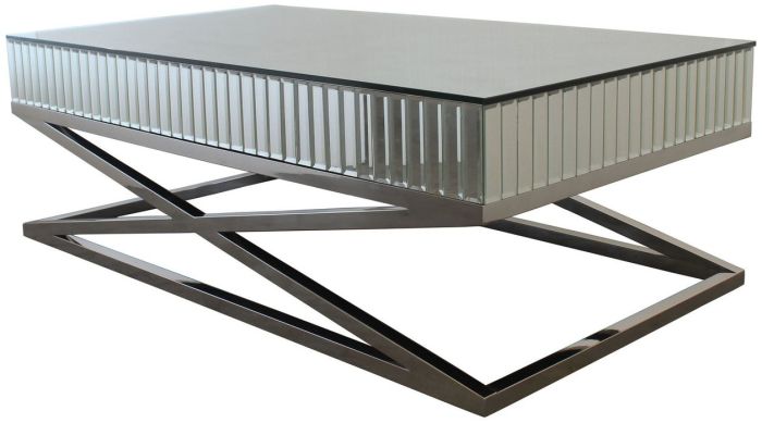 Table basse design plateau et contour en miroir avec un piètement croisée en acier inoxydable poli L. 130 x P. 70 x H. 40 cm collection GALA