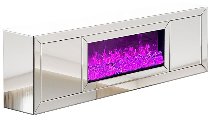 Meuble tv design avec cheminée artificielle intégrée en bois MDF et miroir argenté L.200 x P.40 x H.60 cm collection MAYA