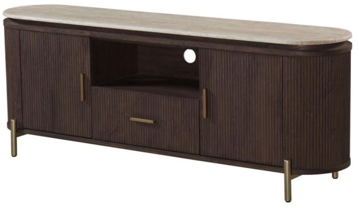 Meuble tv design en MDF coloris noyer avec plateau en céramique L.160 x P.40 x H.60 cm collection SOHO