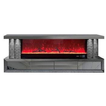 Design tv-meubel met geïntegreerde kunstmatige open haard van MDF-hout en grijze spiegel, B.200 x D.40 x H.70 cm, CARA collectie