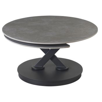 Uitschuifbare design salontafel met een lichtgrijs blad van gesinterd steen en zwarte stalen poten, L.85-127 x D.85 x H.45 cm, MANILA collectie