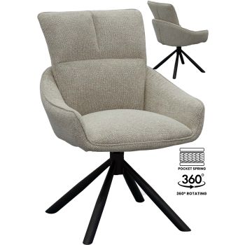 Design eetkamerstoel met 360° draaifunctie, grijze stoffen bekleding en zwart stalen onderstel met pocketveren. B 58 x D 62,5 x H 88,5 cm. GRACE collectie.