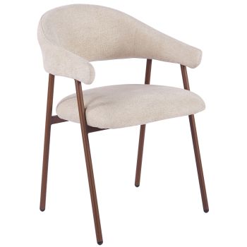 Design eetkamerstoel met beige stoffen bekleding en stalen poten met walnootlook, B.56 x D.58,5 x H.81 cm, ASPEN collectie