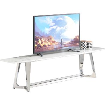 Design tv-meubel met wit kunstmarmeren blad en gepolijste zilverkleurige roestvrijstalen voet, Veneta collectie, B 180 x D 42 x H 45 cm