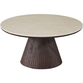 Ronde design salontafel met travertin keramisch blad en MDF-poten met walnootlook, 100 x 45 cm, SOHO collectie