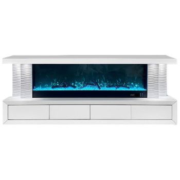 Design tv-meubel met geïntegreerde kunstmatige open haard van MDF-hout en witte spiegel, B.200 x D.40 x H.70 cm, CARA collectie