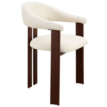 Design eetkamerstoel met beige stoffen bekleding en stalen poten met walnootlook, B.58 x D.56 x H.81 cm, SAKURA collectie
