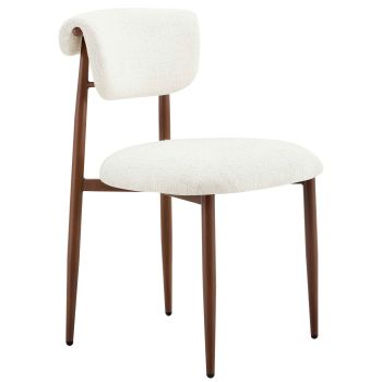 Design eetkamerstoel met beige stoffen bekleding en stalen poten met walnootlook, B.48 x D.58,5 x H.80,5 cm, RAVELLO collectie