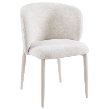 Design eetkamerstoel bekleed met parelwitte stof en stalen poten met walnootlook, B.61 x D.61 x H.82 cm, CAPRI collectie