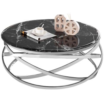 Ronde design salontafel met gepolijste zilverkleurige roestvrijstalen voet en zwart kunstmarmeren blad, L. 100 x H. 43 cm, ENRICO collectie