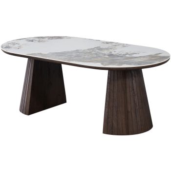 Ovale design salontafel met travertin keramisch blad en MDF-poten met walnootlook, L.130 x D.70 x H.45 cm, MAYFAIR collectie