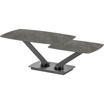 Uitschuifbare design salontafel met een lichtgrijs blad van gesinterd steen en zwarte stalen poten. L.100-146 x D.60 x H.45 cm, ALISHA collectie