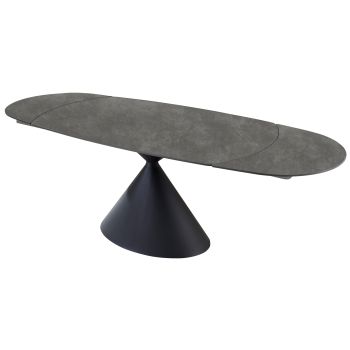 Uitschuifbare design eettafel met een lichtgrijs blad van gesinterd steen en zwarte stalen poten. L.160-240 x D.90 x H.75 cm, ANGELA collectie