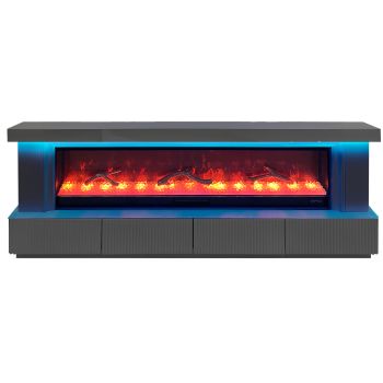 LOLA design tv-meubel met geïntegreerde kunstmatige open haard, gemaakt van MDF-hout en grijze spiegel, B200 x D40 x H70 cm