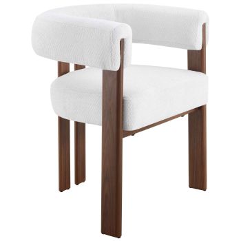 Design eetkamerstoel met witte stoffen bekleding en stalen poten met walnootlook, B.66 x D.56 x H.76 cm, MIMOSA collectie