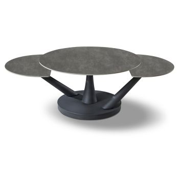 Uitschuifbare design salontafel met een lichtgrijs blad van kunstmarmer en zwarte stalen poten. L.85-140 x D.85 x H.45,6 cm. SAVONA collectie