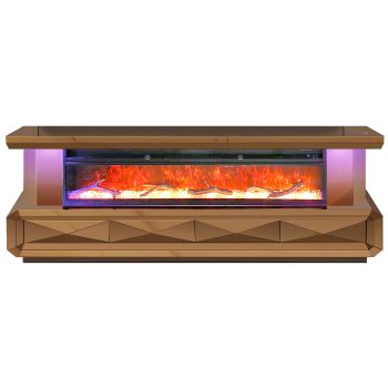 Design tv-meubel met geïntegreerde kunstmatige open haard, vervaardigd uit MDF-hout en afgewerkt met een bronzen spiegel, afmetingen: B200 x D40 x H70 cm, CLEO-collectie.