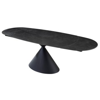 Uitschuifbare design eettafel met een donkergrijs blad van gesinterd steen en zwarte stalen poten. L.160-240 x B.90 x H.75 cm, ANGELA collectie