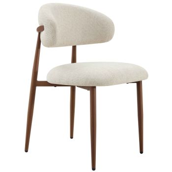 Design eetkamerstoel met beige stoffen bekleding en stalen poten met walnootlook, B.57 x D.58 x H.82 cm, MAGNOLIA collectie