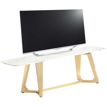 Design tv-meubel met wit kunstmarmeren blad en gepolijste gouden roestvrijstalen voet. Veneta collectie. B 180 x D 42 x H 45 cm