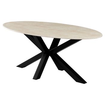 Ovale design eettafel met blad van kunstmarmer en beige en zwarte stalen poten, L.200 x B.100 x H.76 cm, MARJA collectie