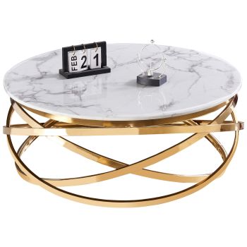 Ronde design salontafel met gepolijste gouden roestvrijstalen voet en wit kunstmarmeren blad, L. 100 x H. 43 cm, ENRICO collectie