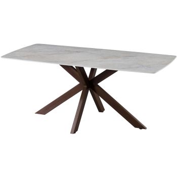 Design eettafel met beige krasbestendig keramisch blad en metalen poten met walnootlook, L.180 x B.90 x H.76 cm, ONTARIO collectie