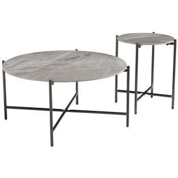 Ronde, in elkaar schuifbare salontafel met keramisch blad en stalen poten in grijs, D.90/45 x H.45,5/55,5 cm, SANTIAGO collectie