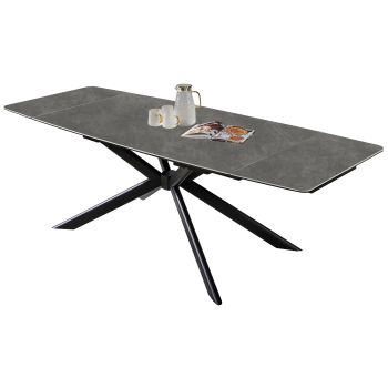 Uitschuifbare design eettafel met een grijs kunstmarmeren blad en zwarte stalen poten. L.160-240 x B.90 x H.75 cm, ALESHA collectie