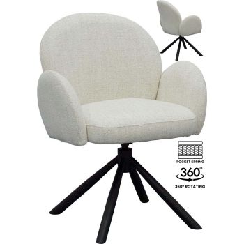 Design eetkamerstoel met witte stoffen bekleding en zwarte stalen poten, B66 x D62 x H83,5 cm, SARAHA collectie