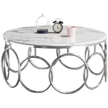 Design salontafel van zilverkleurig staal met een wit blad van kunstmarmer. Afmetingen: B 100 x D 100 x H 45 cm. Collectie BRUNO