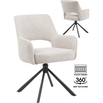 360° draaibare eetkamerstoel met taupekleurige stoffen bekleding en zwart stalen onderstel met pocketveren. B 73 x D 58 x H 62 cm. SAMOS collectie.