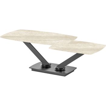 Uitschuifbare design salontafel met een beige blad van gesinterd steen en zwarte stalen poten. L.100-146 x D.60 x H.45 cm, ALISHA collectie