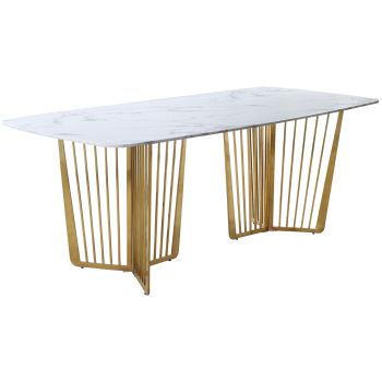 Design eettafel met wit marmeren blad en gouden stalen poten. L. 200 x B. 100 x H. 76 cm. FASTRO Collectie
