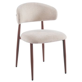 Design eetkamerstoel met taupekleurige stoffen bekleding en stalen poten met walnootlook, B.57 x D.58 x H.82 cm, MAGNOLIA collectie