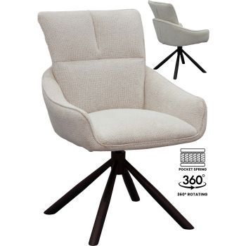 Design eetkamerstoel met 360° draaifunctie, witte stoffen bekleding en zwart stalen onderstel met pocketveren. B 58 x D 62,5 x H 88,5 cm. GRACE collectie.